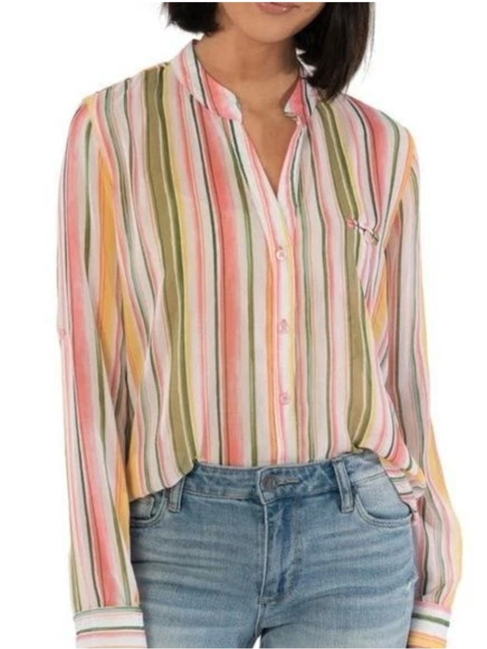 Kut from the Kloth Striped Button-Down Blouse in Pink, Green & Yellow